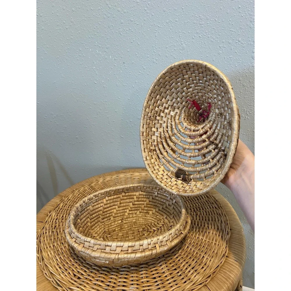Vintage Chicken Straw Woven Lidded Basket Farmhouse Hen Decor